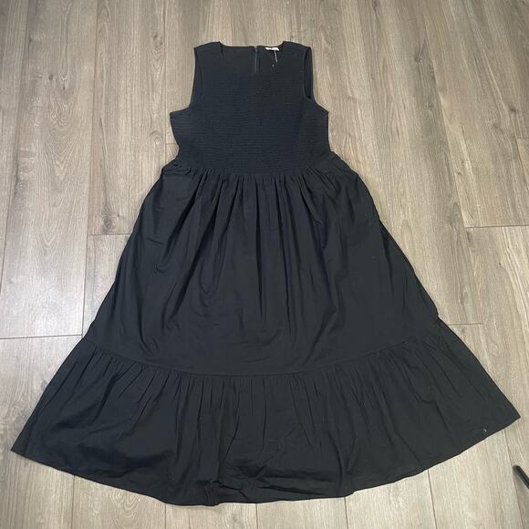 J Crew Flowy Smocked Sleeveless With Pockets Black Midi Dress US Women's L NEW - Picture 2 of 9
